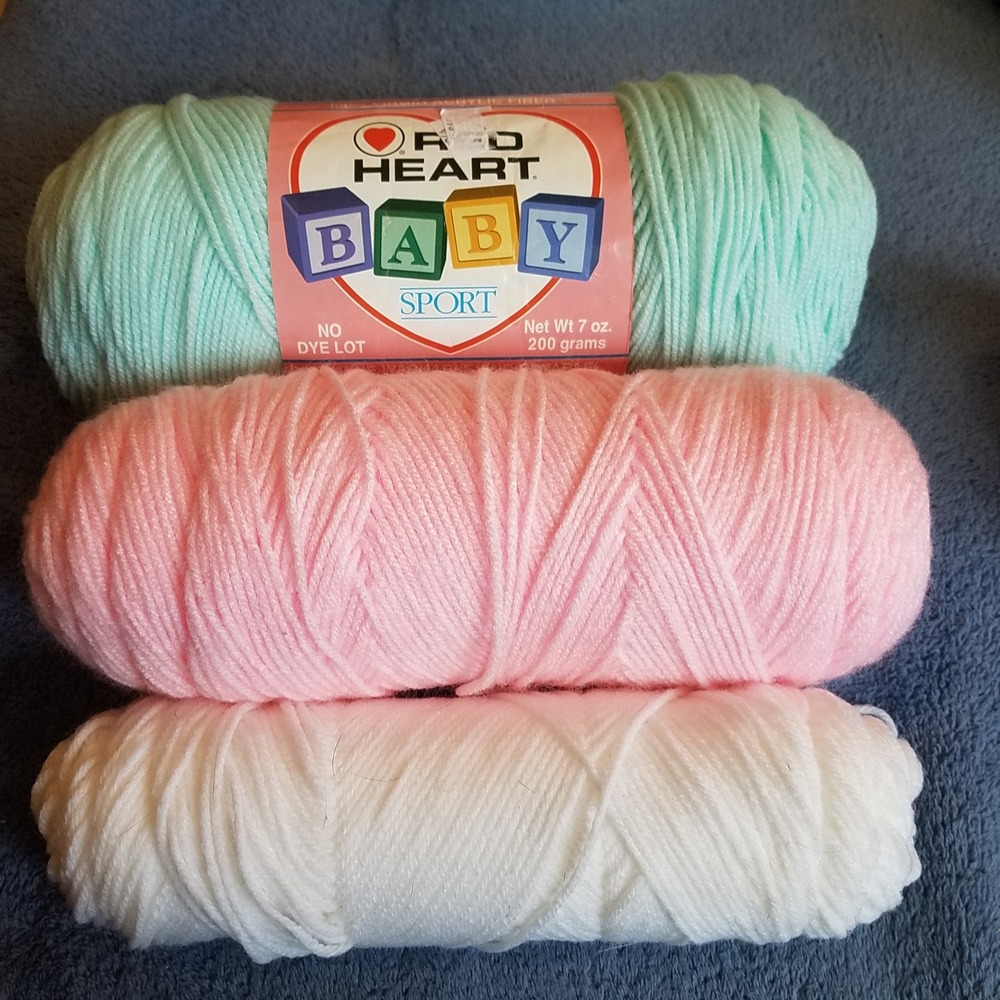 Red Heart Baby Sport Yarn Bundle 3 Skeins Pastel Green Pink White Good 3Ply